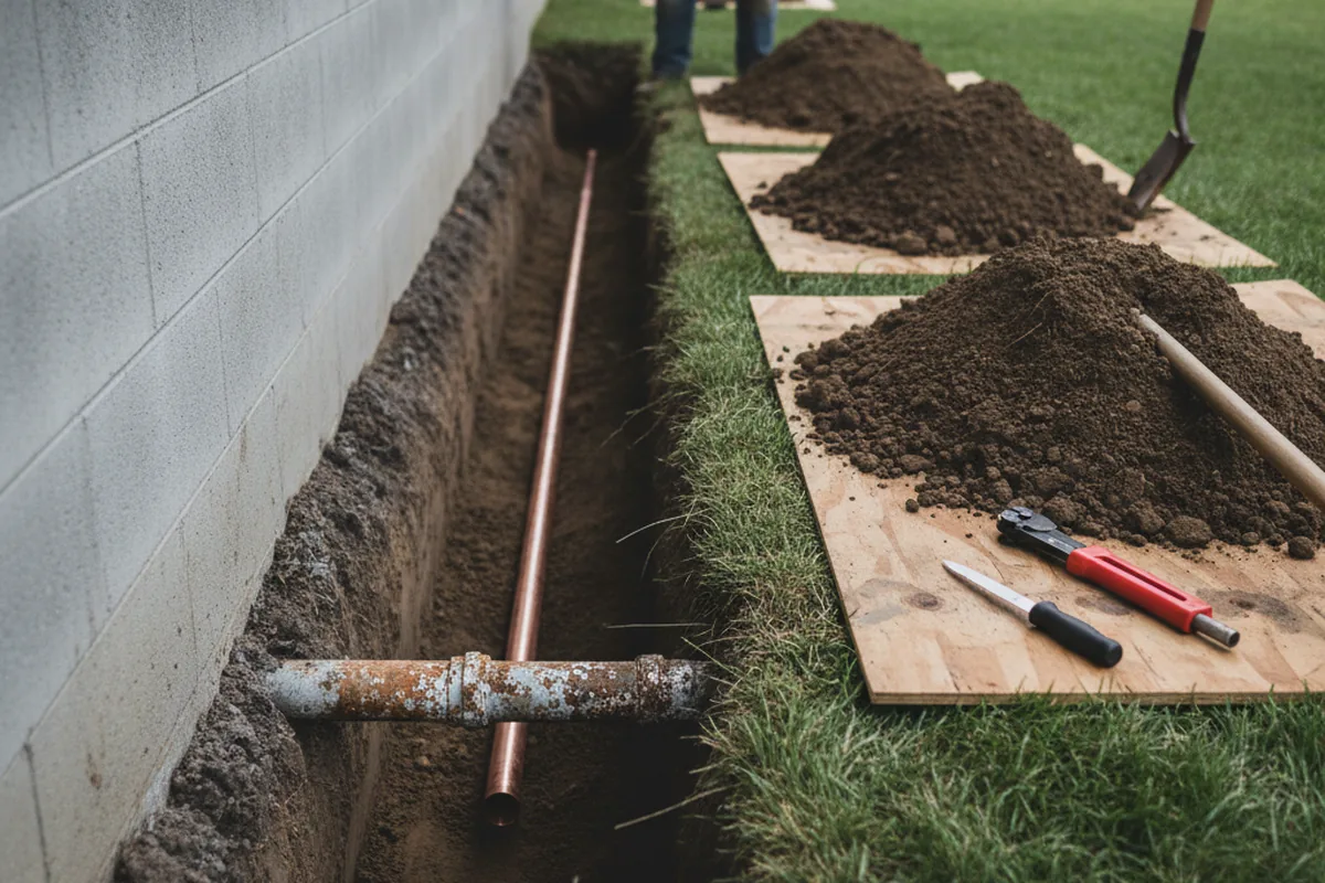 Excavated water line trench during Water Softener Installation in La Vergne